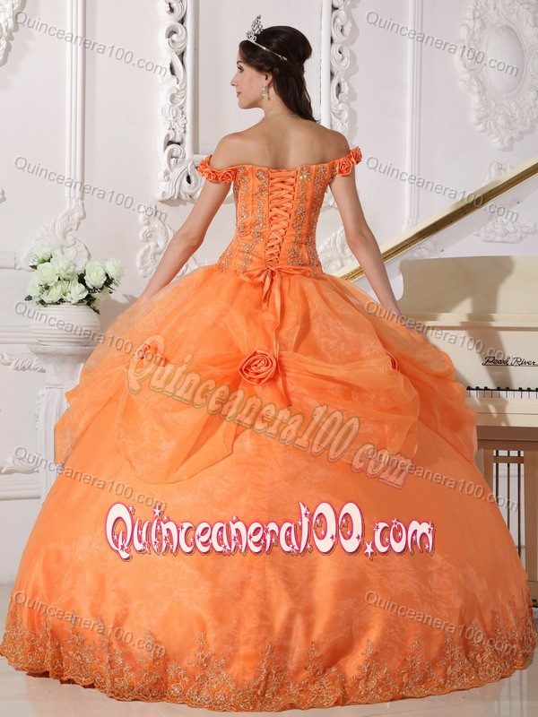 Orange off the Shoulder Pick-ups 3D Flowers Quinceanera Gowns