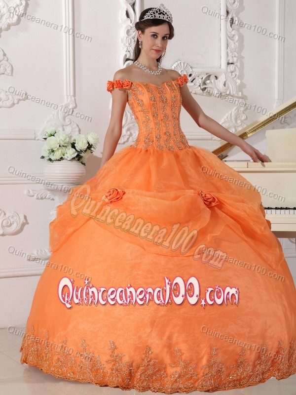 Orange off the Shoulder Pick-ups 3D Flowers Quinceanera Gowns