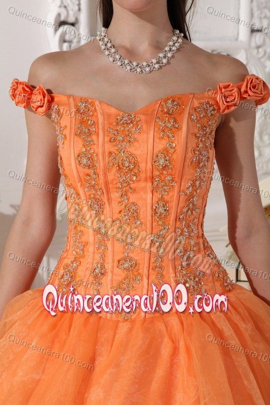 Orange off the Shoulder Pick-ups 3D Flowers Quinceanera Gowns