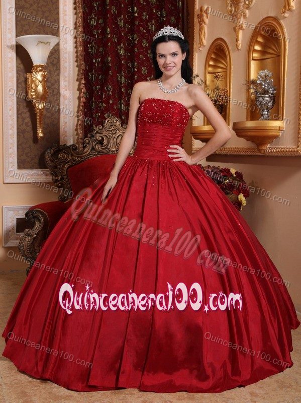 Red Strapless Beading Lace up Back Ruffled Sweet Sixteen Dresses