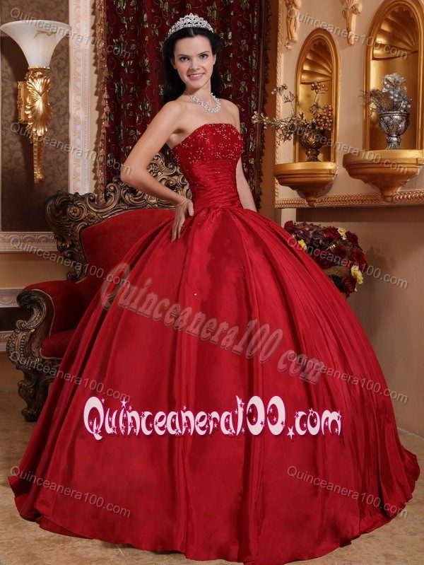 Red Strapless Beading Lace up Back Ruffled Sweet Sixteen Dresses