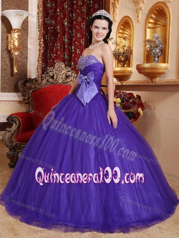 Purple Sweetheart Beading Dresses for 15 with a Bowknot on Waist