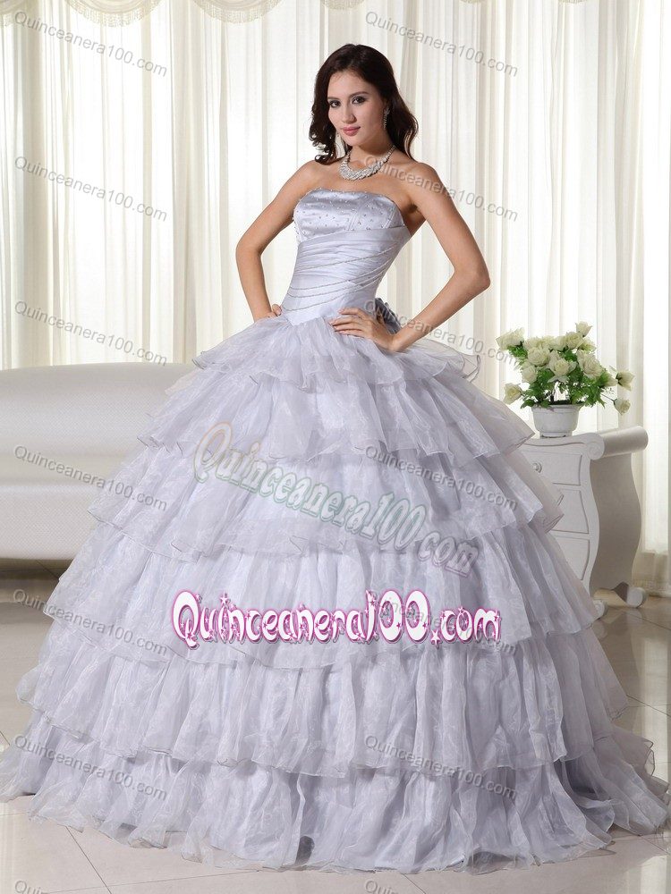 Light Gray Multi-tiered Beading Organza Dresses for Quinceanera