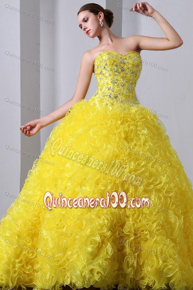 Yellow Sweetheart Organza Beading and Ruffles Sweet 15 Dresses