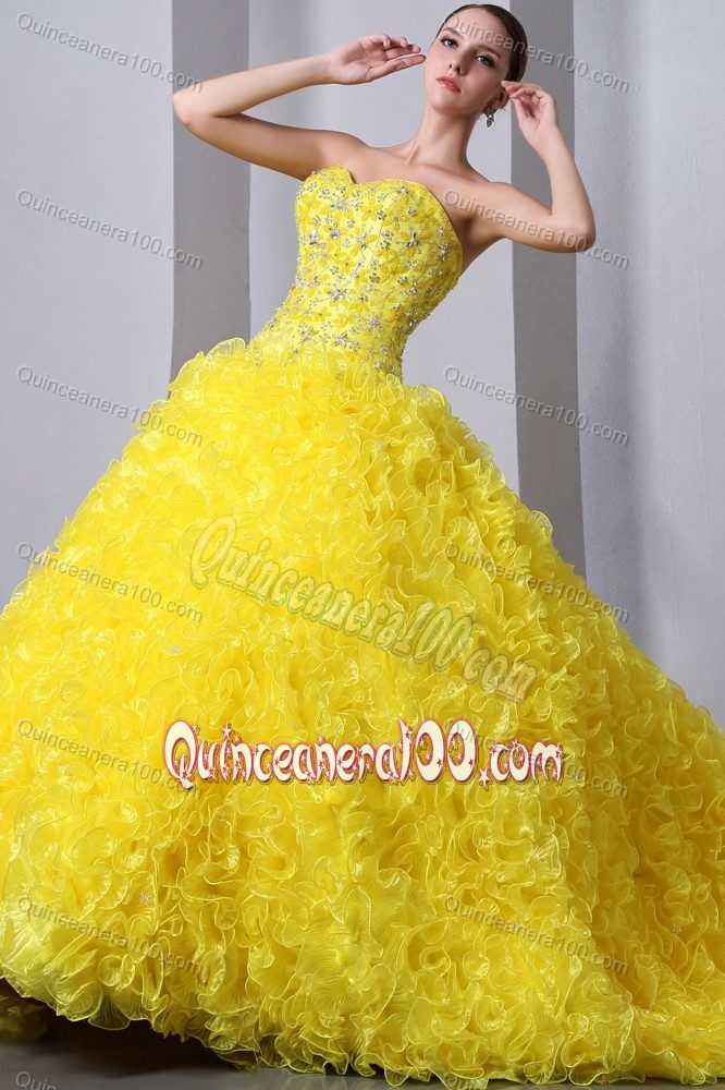 Yellow Sweetheart Organza Beading and Ruffles Sweet 15 Dresses