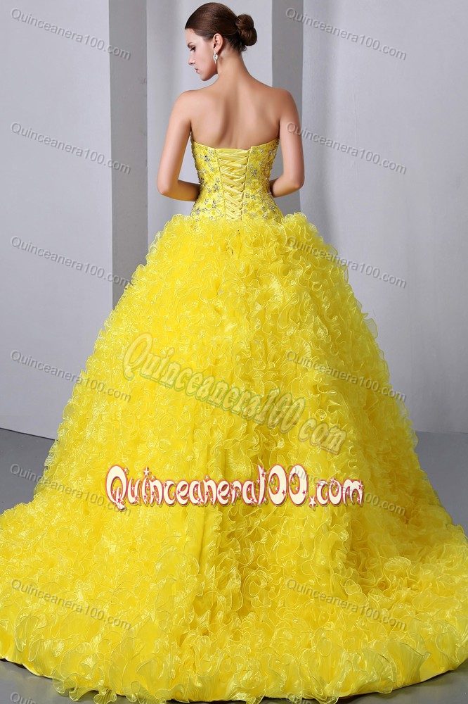 Yellow Sweetheart Organza Beading and Ruffles Sweet 15 Dresses