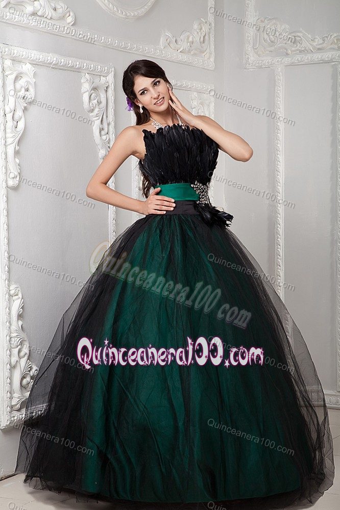 Feather Decorate Black and Green Sweet Sixteen Dresses with Belt