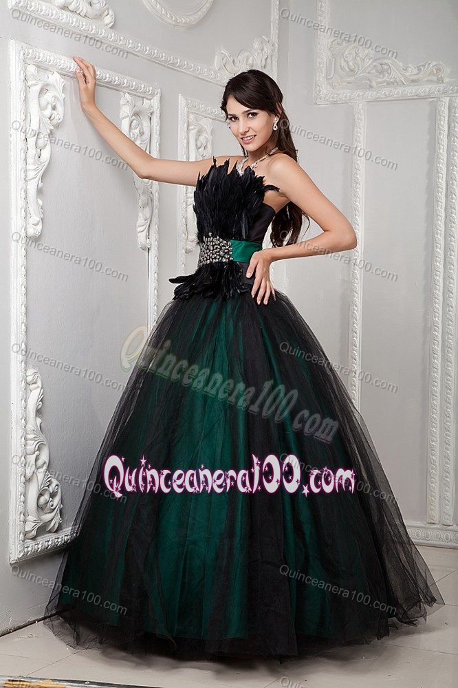 Feather Decorate Black and Green Sweet Sixteen Dresses with Belt