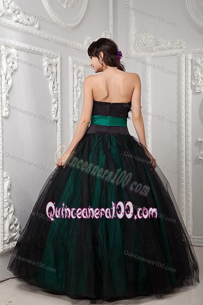 Feather Decorate Black and Green Sweet Sixteen Dresses with Belt