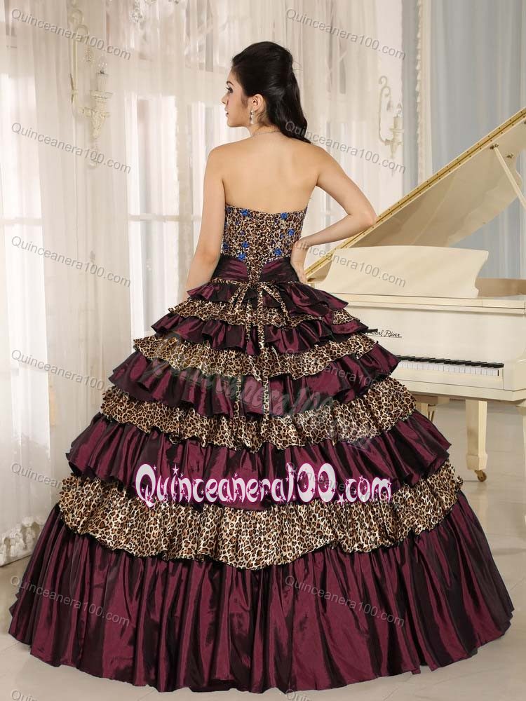 Burgundy Strapless Multi-tiered Ruffled Dresses for 15 with Leopard