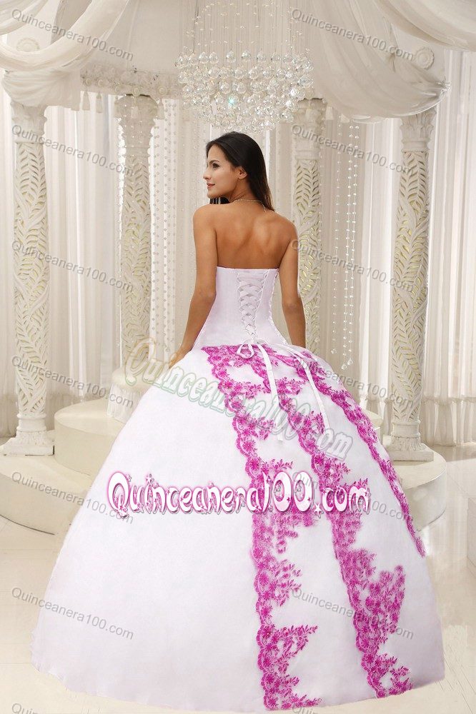 Cute Strapless White Sweet Sixteen Dress with Fuchsia Appliques