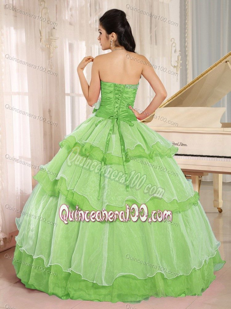 Apple Green Beaded Ruffled Quinceanera Dresses with Flower