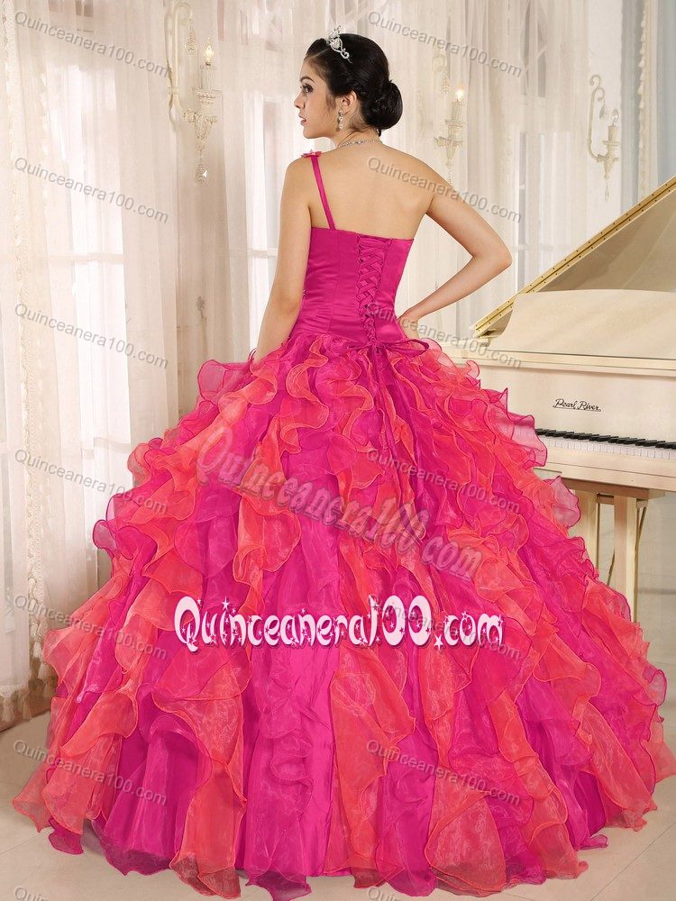 Best Coral Red One Shoulder Ruffled Beaded Dress for a Quince