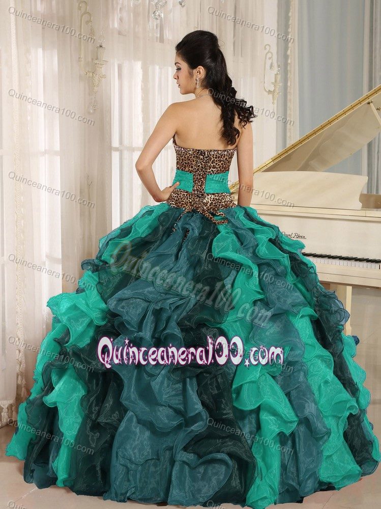 Hot Slot Neck Leopard Print Ruffled Multi-color Quinces Dress