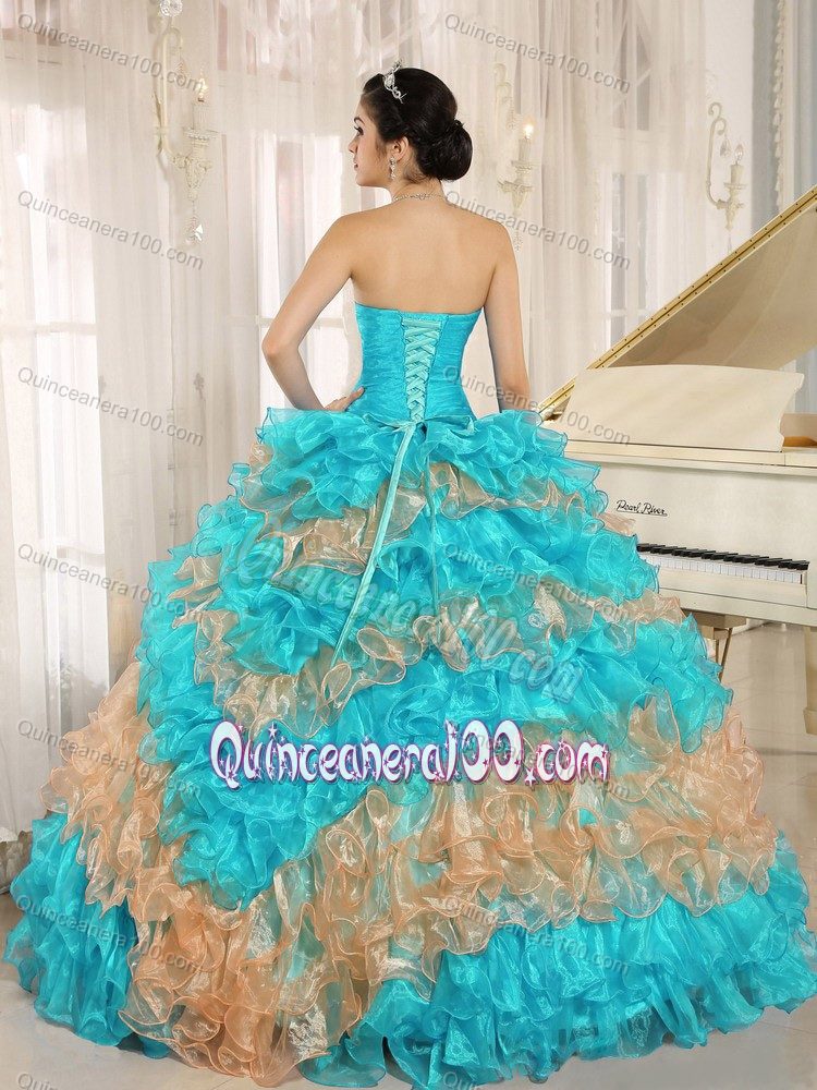 Orange and Aqua Blue Ruffled Appliqued Dress for Sweet 15