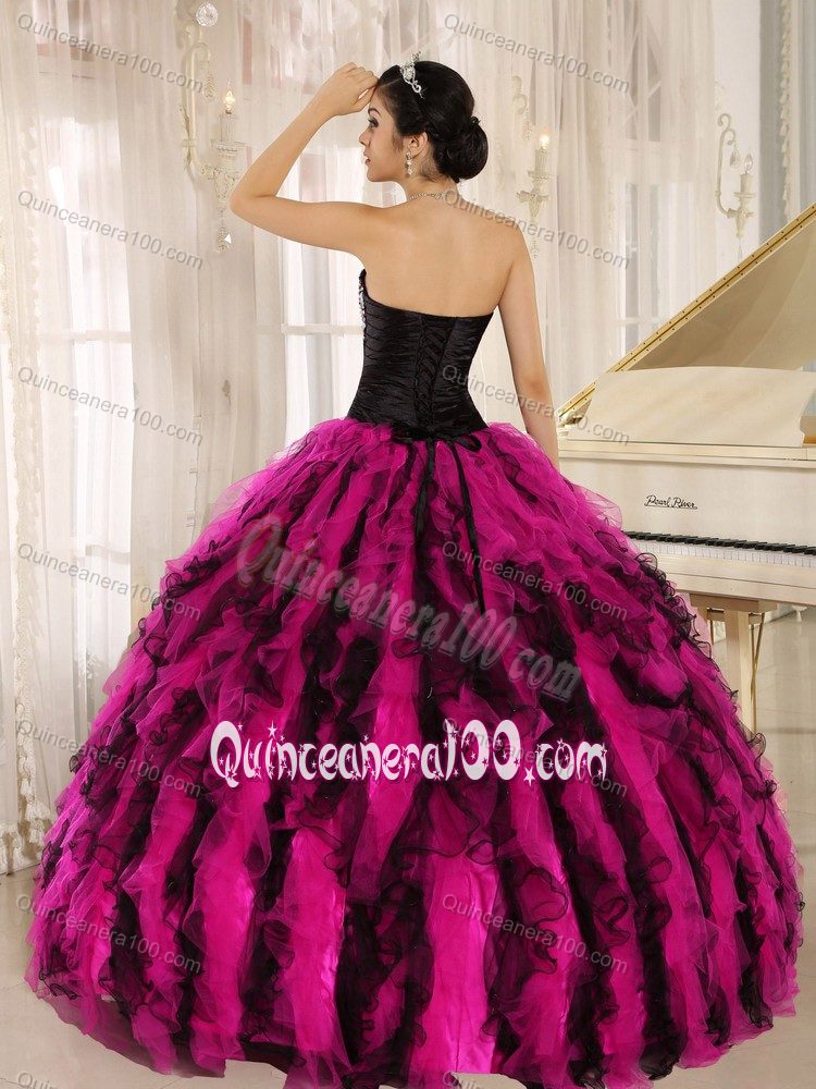 Cannes Movie Festival Black and Hot Pink Sweet Sixteen Quince Dress with Rhinestones