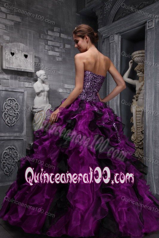 Unique Leopard Print Ruffled Fuchsia Ball Gown Dress for Quince