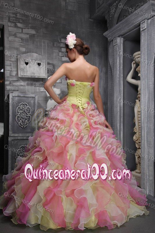 Multi-color Ruffled Quinceanera Gown with Handmade Flowers