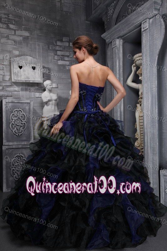 Ball Gown Strapless Navy Blue Ruffled Appliqued Sweet 16 Dress