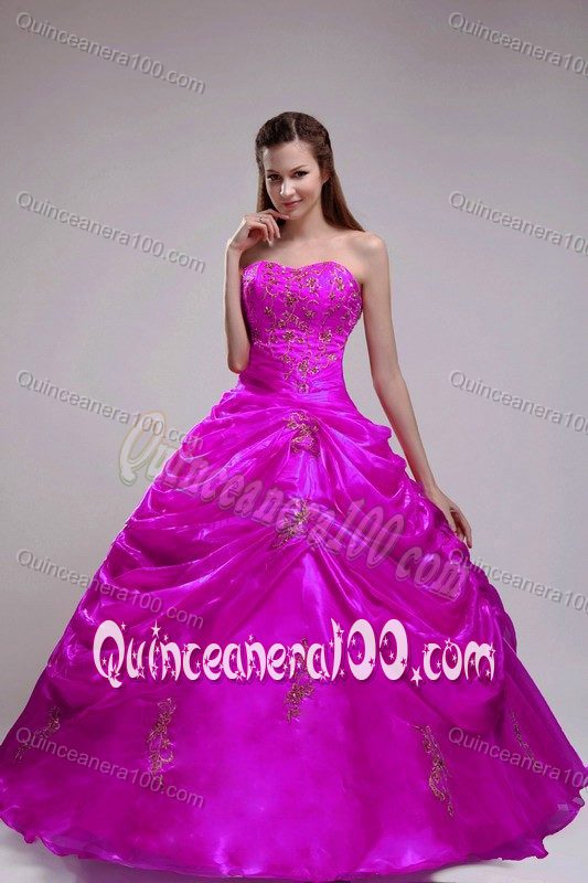 Appliqued Pick Ups Fuchsia Ball Gown Dresses for Sweet 16