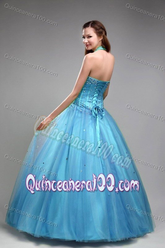 Cheap Halter Corset Back Beaded Aqua Blue Quinces Dresses