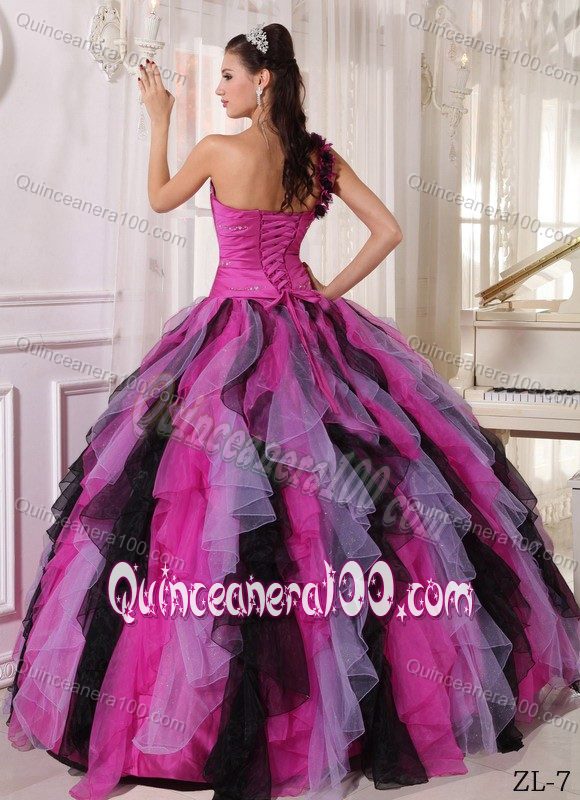 Graceful One Shoulder Beaded Ruffled Multi-color Sweet 16 Dress