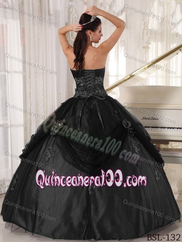 Strapless Black Sweet 15 Dresses with Appliques and Flowers