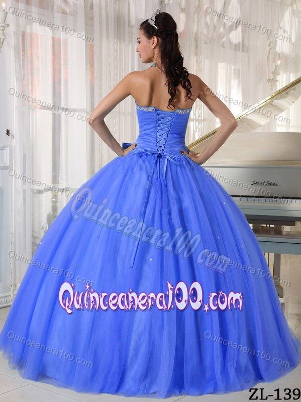 Blue Tulle Dress for Quinceanera with Bowknot and Beading