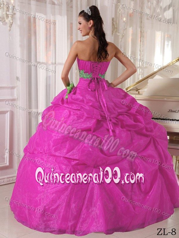 Organza Quinceanera Dresses with Pick-ups and Green Appliques