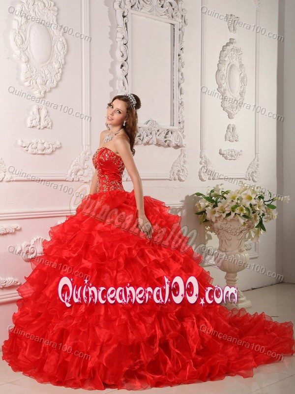 Red Organza Sweet 16 Dresses with Layered Ruffles and Train