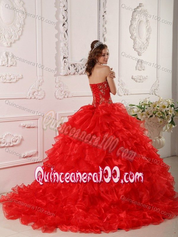 Red Organza Sweet 16 Dresses with Layered Ruffles and Train