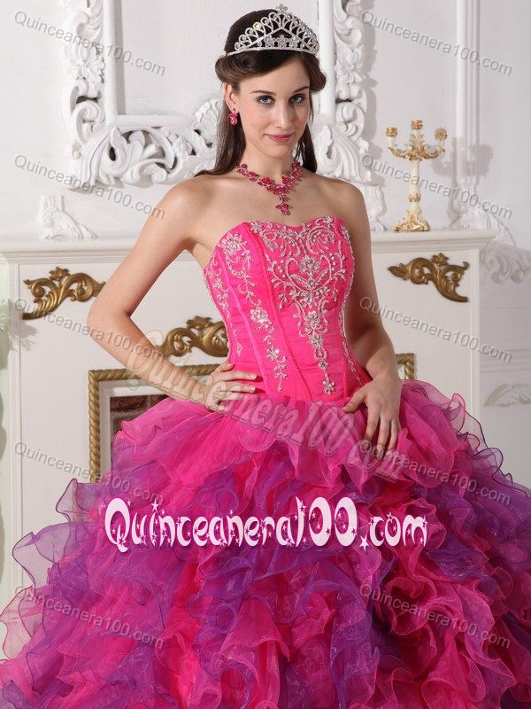 Hot Pink Satin and Organza Quinceanera Dress with Ruffles