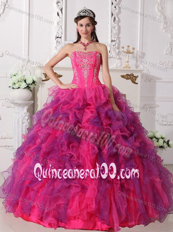 Hot Pink Satin and Organza Quinceanera Dress with Ruffles