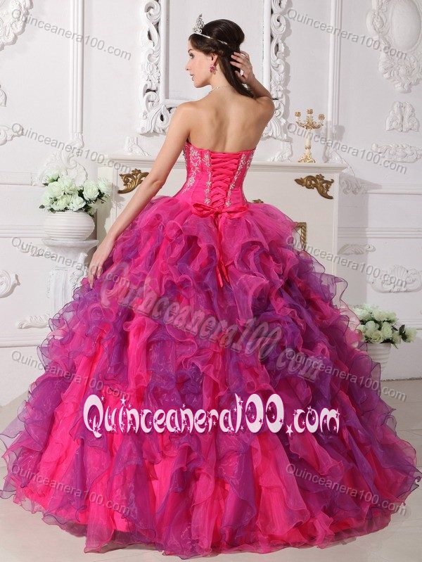 Hot Pink Satin and Organza Quinceanera Dress with Ruffles