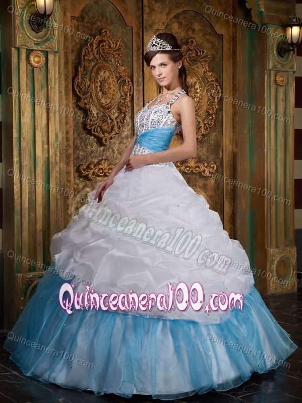 White and Blue Halter Beaded Quinceanera Dress with Pick-ups