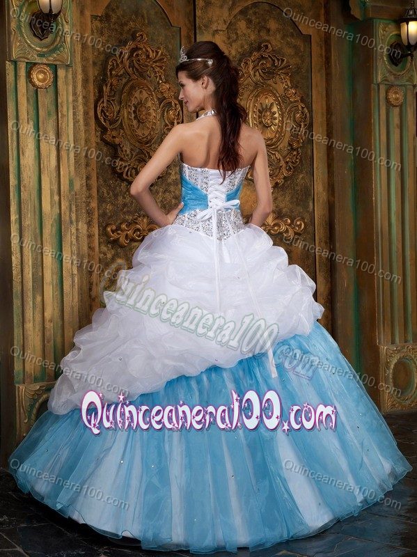 White and Blue Halter Beaded Quinceanera Dress with Pick-ups