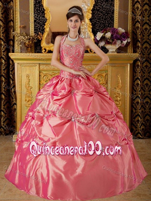 Watermelon Halter Taffeta Pick-ups Quinceanera Gown Dresses