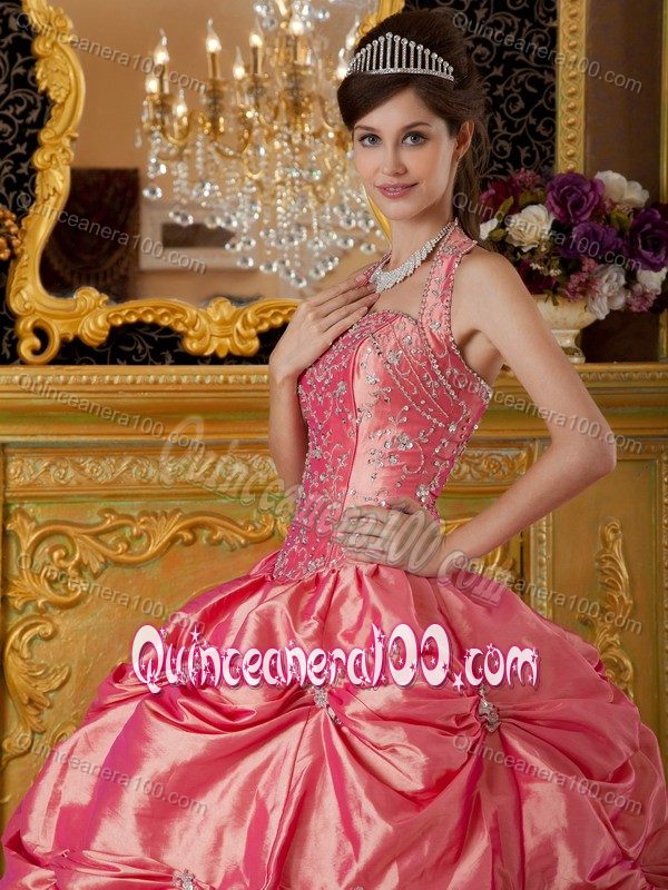 Watermelon Halter Taffeta Pick-ups Quinceanera Gown Dresses