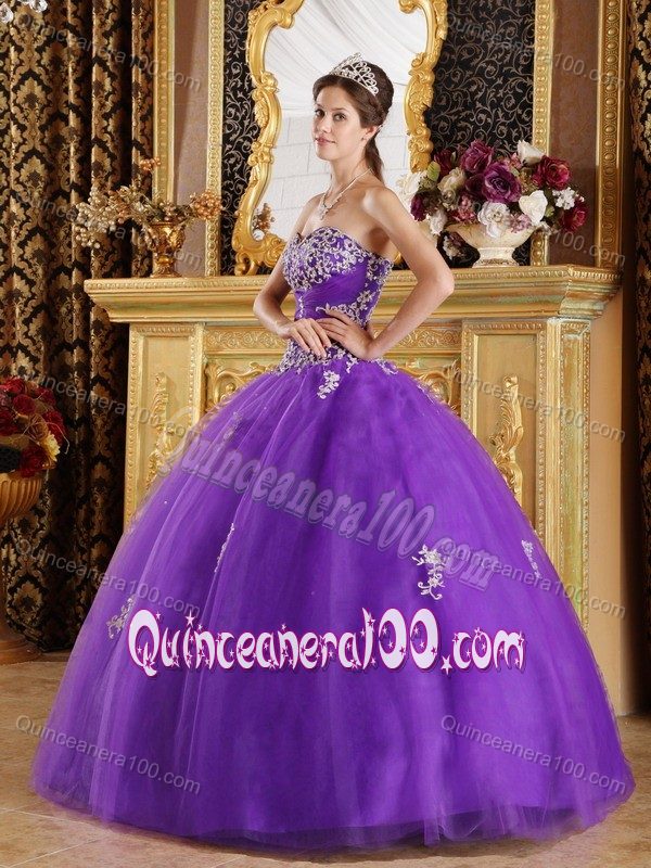 Purple Sweetheart Tulle Dress for Quinceanera with Appliques