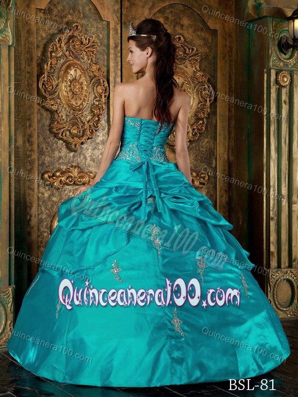 Teal Sweetheart Taffeta Sweet Sixteen Dresses with Appliques