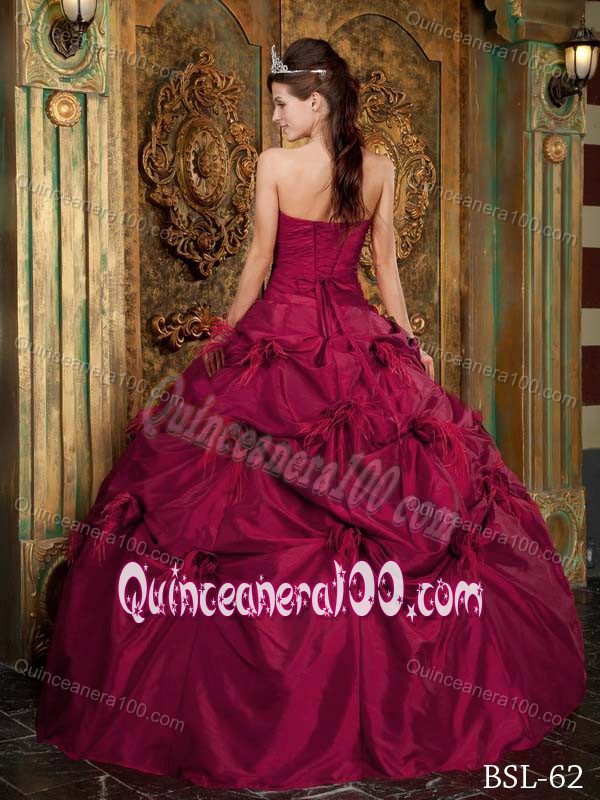 Wine Red Taffeta Beaded Dress for Quinceanera with Pick-ups