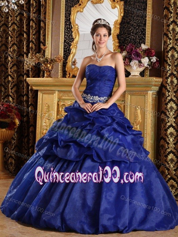 Blue Floor-length Organza Quinceanera Gown Dresses with Pick-ups