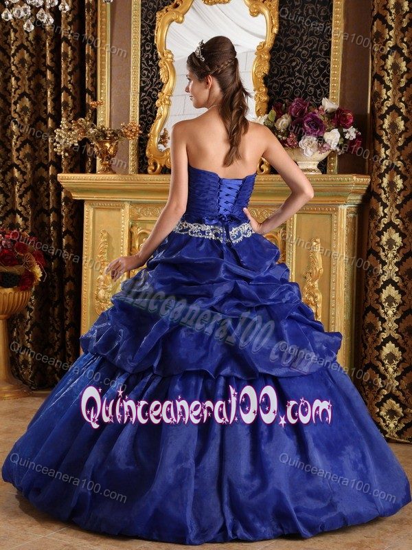 Blue Floor-length Organza Quinceanera Gown Dresses with Pick-ups