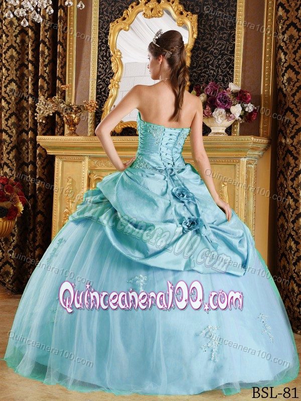 Baby Blue Taffeta and Tulle Quinceanera Dresses with Appliques