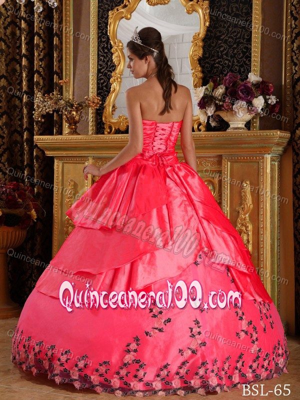 Coral Red Taffeta Ruches Quinceanera Gown Dresses with Appliques