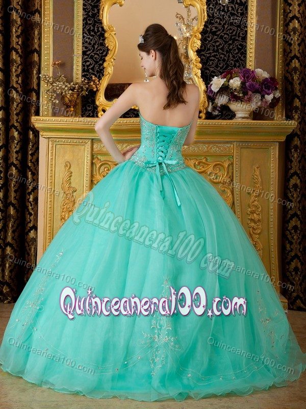 Noble Turquoise Organza Strapless Quinceanera Dress with Beadings