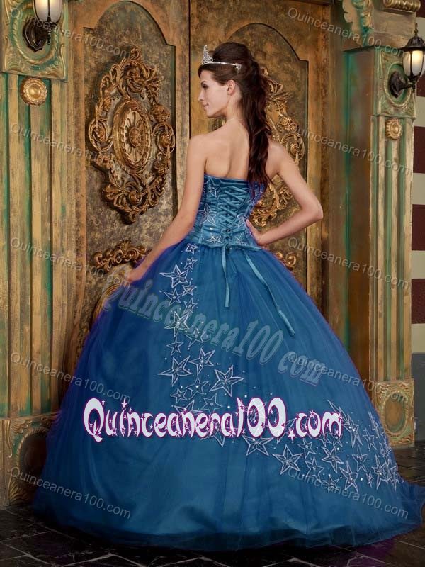 Teal Ball Gown Tulle Dress For Quinceanera with Unique Appliques