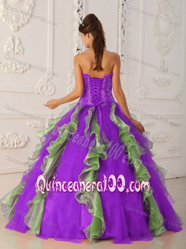 Stylish Purple and Green Appliques Quinceanera Dress with Beadings