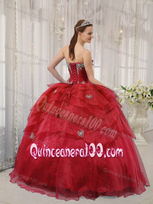 Organza Layers Quinces Dress in Red with Beading and Appliques