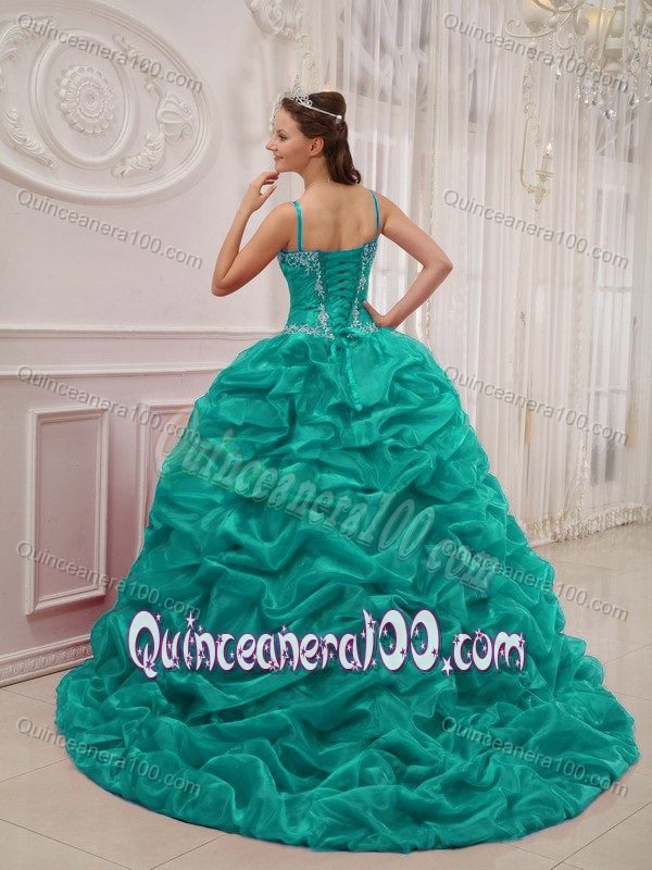 Court Train Sweet 15th Dress in Turquoise with Spaghetti Straps